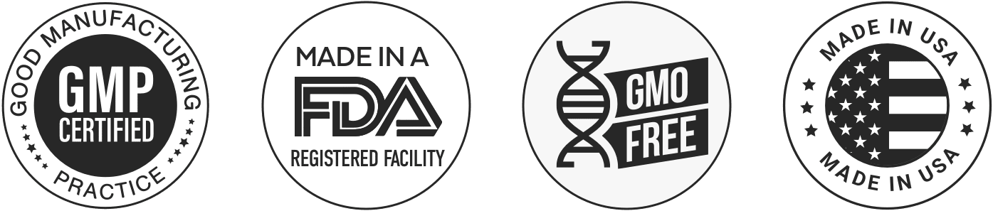 GMP Certified, FDA Registered Facility, GMO Free, Made in USA trust badges